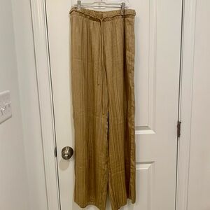 Tahari Beige Tan Gold Satin Wide Leg Pleated Elastic Waist Pants Size Medium